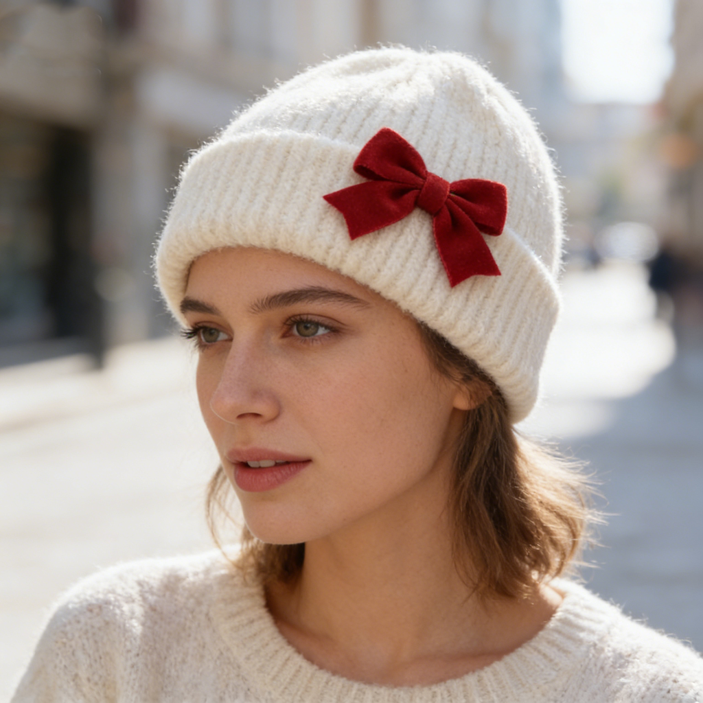 Cream Knit Beanie with Red Bow