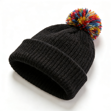Black Beanie with Rainbow Pom Pom