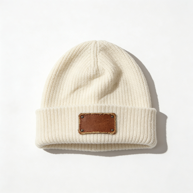 Cream Ribbed Knit Beanie with Leather Patch