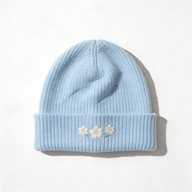 Light Blue Daisy Embroidered Beanie