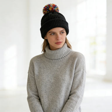 Black Beanie with Rainbow Pom Pom