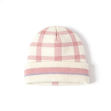 Pink & White Plaid Cuffed Beanie