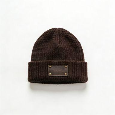 Dark Brown Ribbed Beanie with Leather Patch