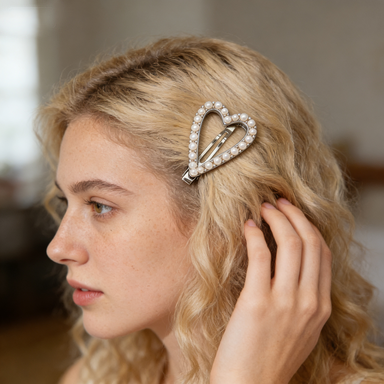 Minimalist Heart Pearl Hair Clip in Silver