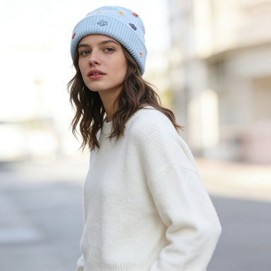 Multi-Flower Embroidered Beanie