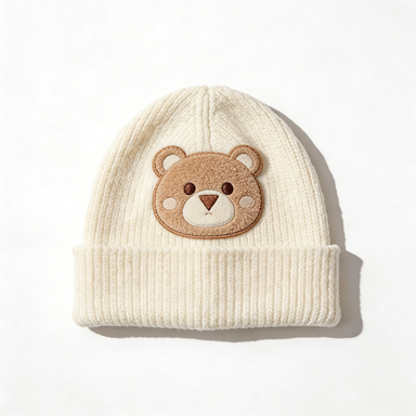 Cream Beanie with Teddy Bear Patch