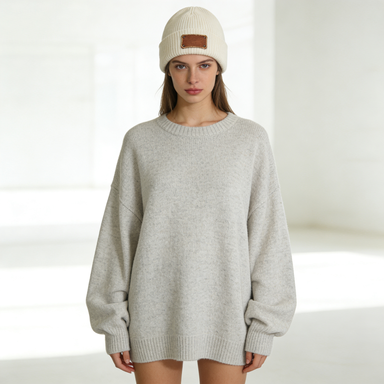 Cream Ribbed Knit Beanie with Leather Patch