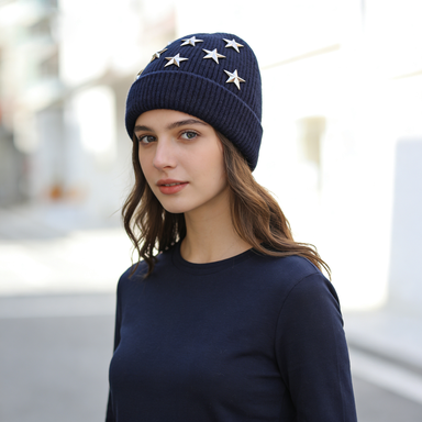 Navy Beanie with Silver Star Studs