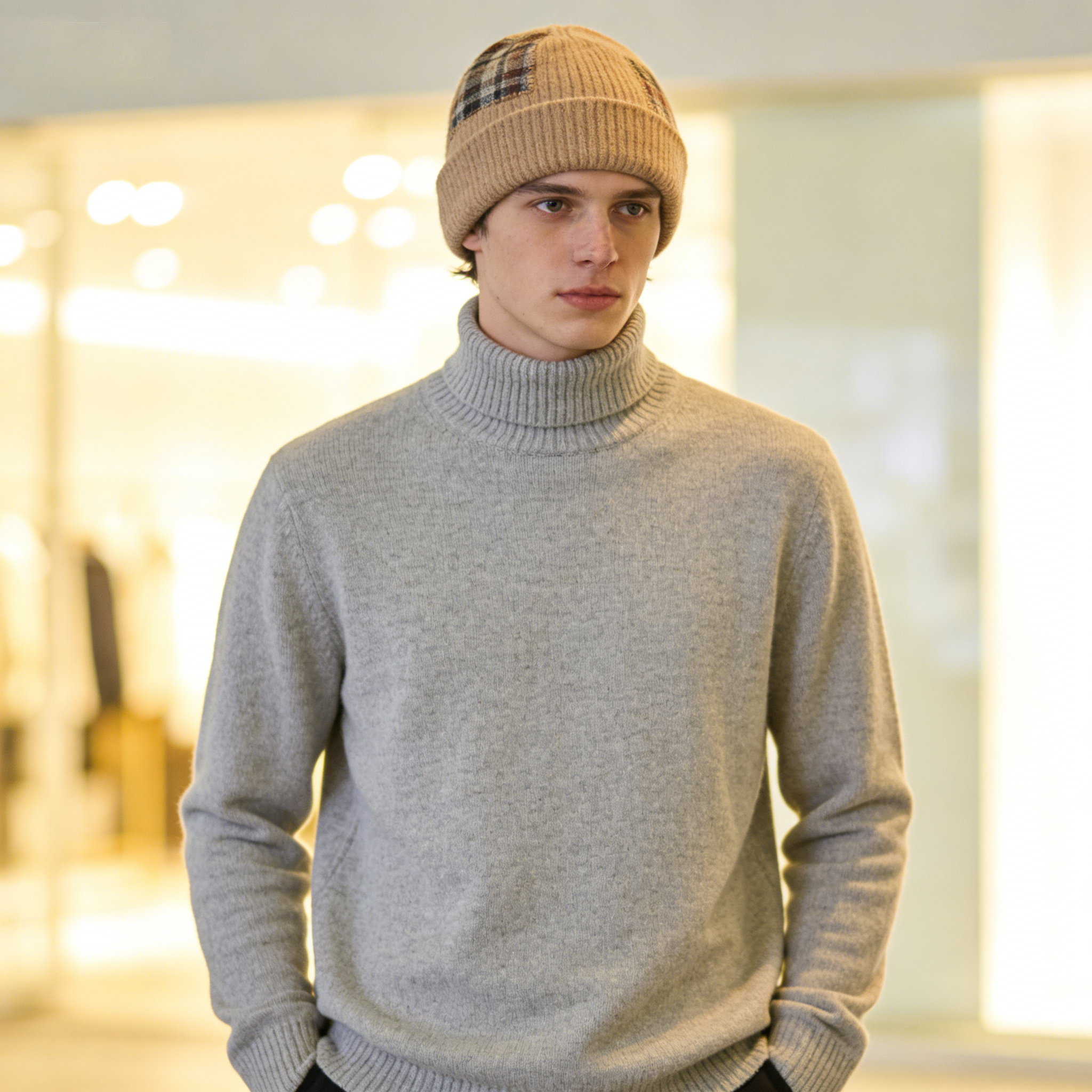 Beige Plaid Patchwork Beanie