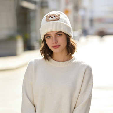 Cream Beanie with Teddy Bear Patch