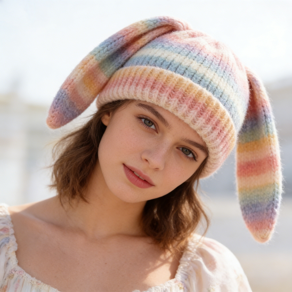 Pastel Rainbow Bunny Ear Beanie
