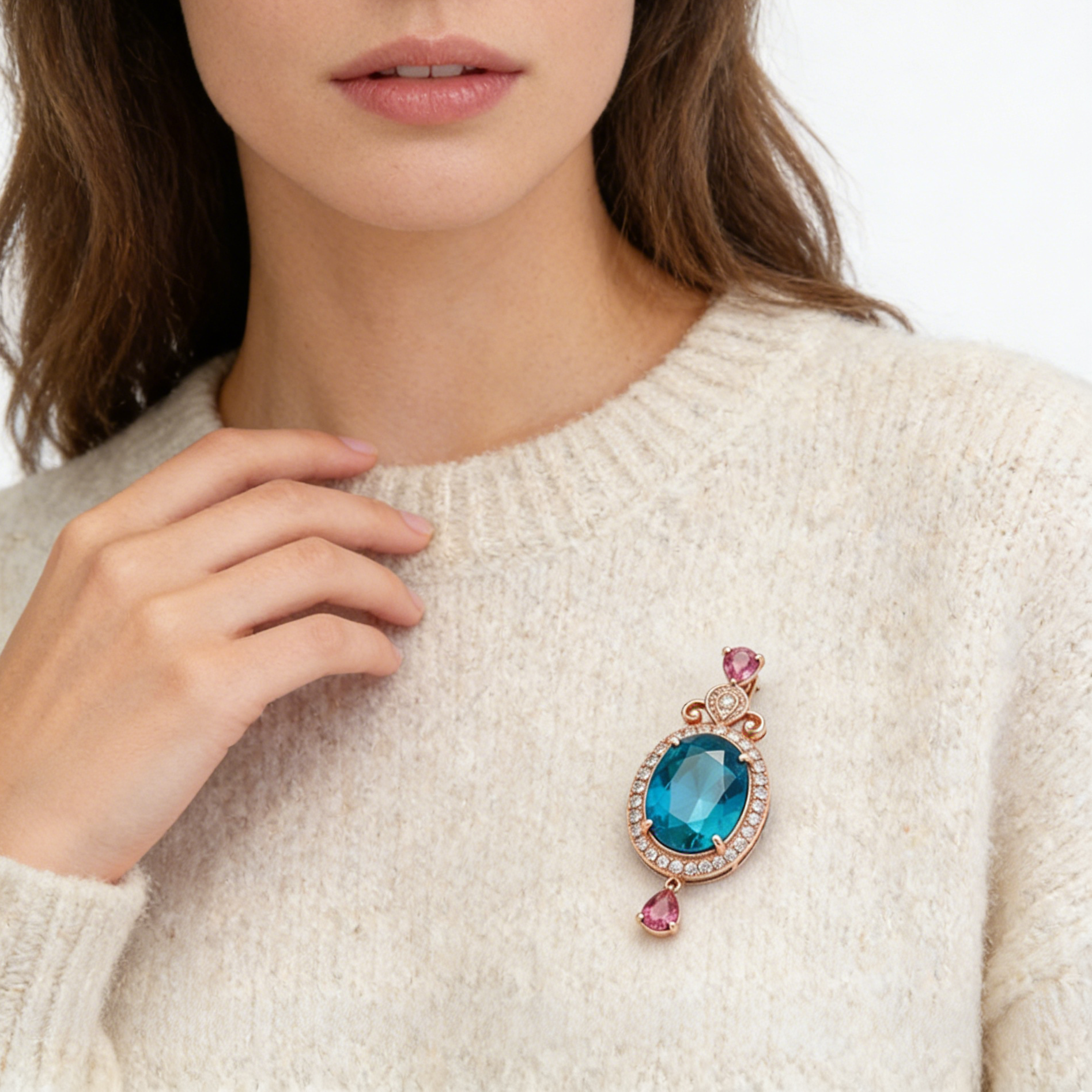 Teal & Pink Gem Pendant Brooch