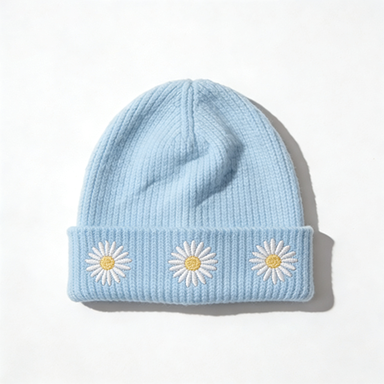 Light Blue Daisy Embroidered Beanie