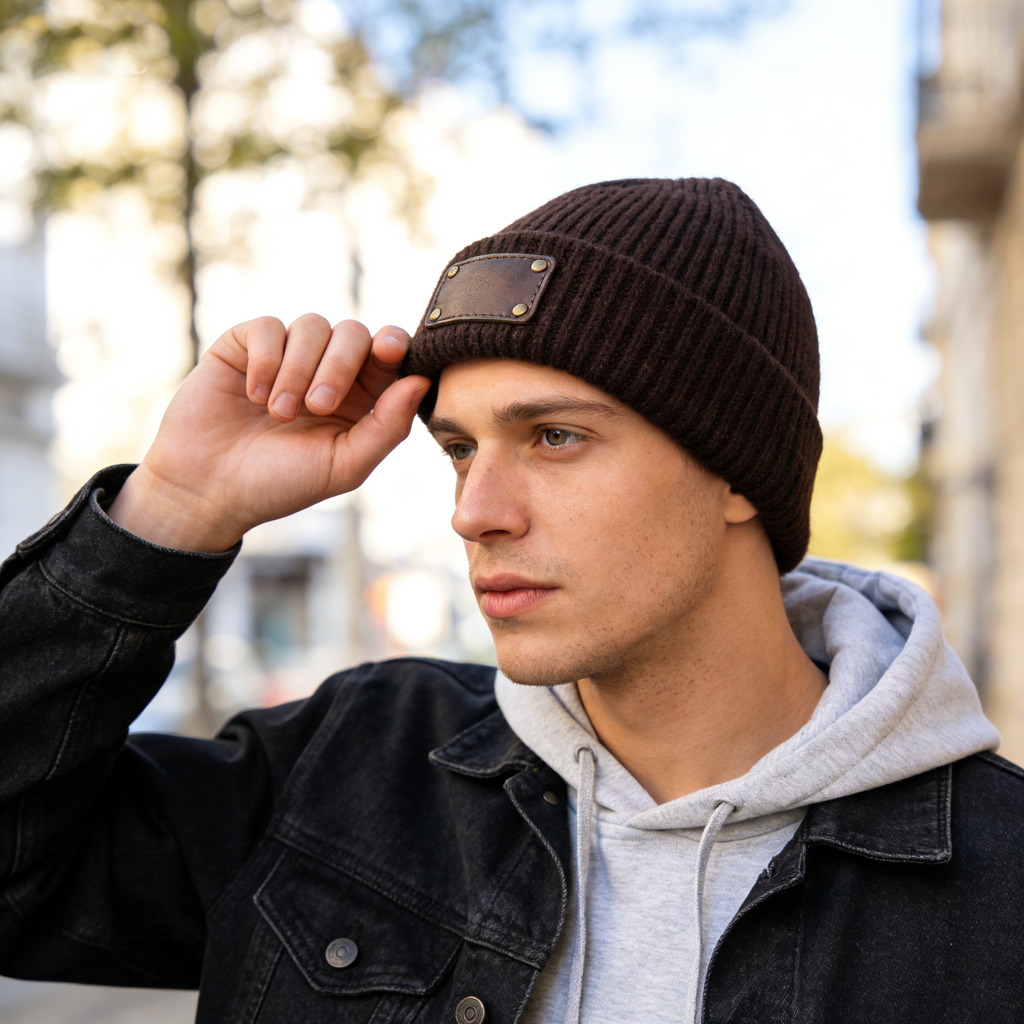 Dark Brown Ribbed Beanie with Leather Patch