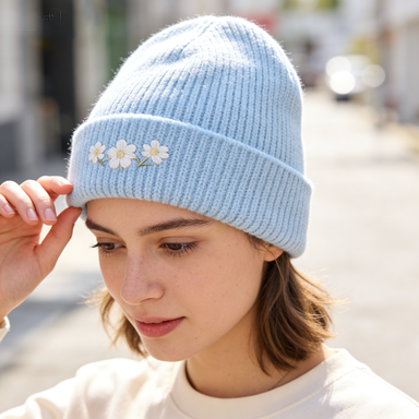 Light Blue Daisy Embroidered Beanie