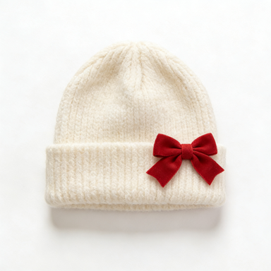 Cream Knit Beanie with Red Bow